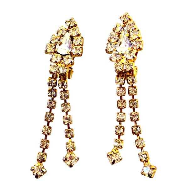 Vintage Earrings Gold-tone Crystal Rhinestones Dangle Drop Prong Set Clip-On - Picture 10 of 11